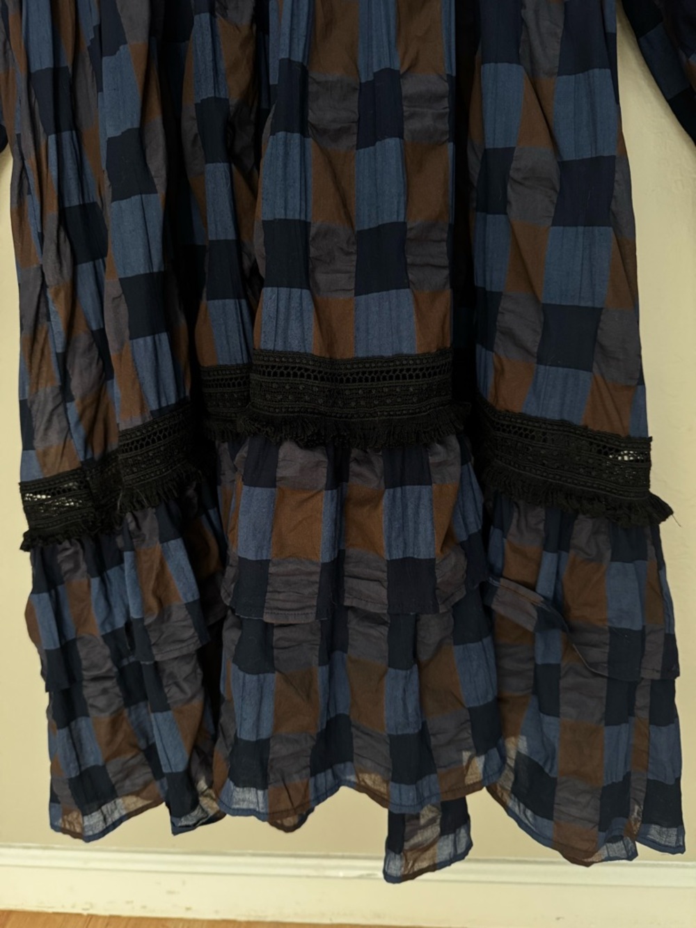 LOVE BINETTI Balloon Sleeve Blue and Brown Checkered Babydoll Dress Cotton M - Picture 7 of 16
